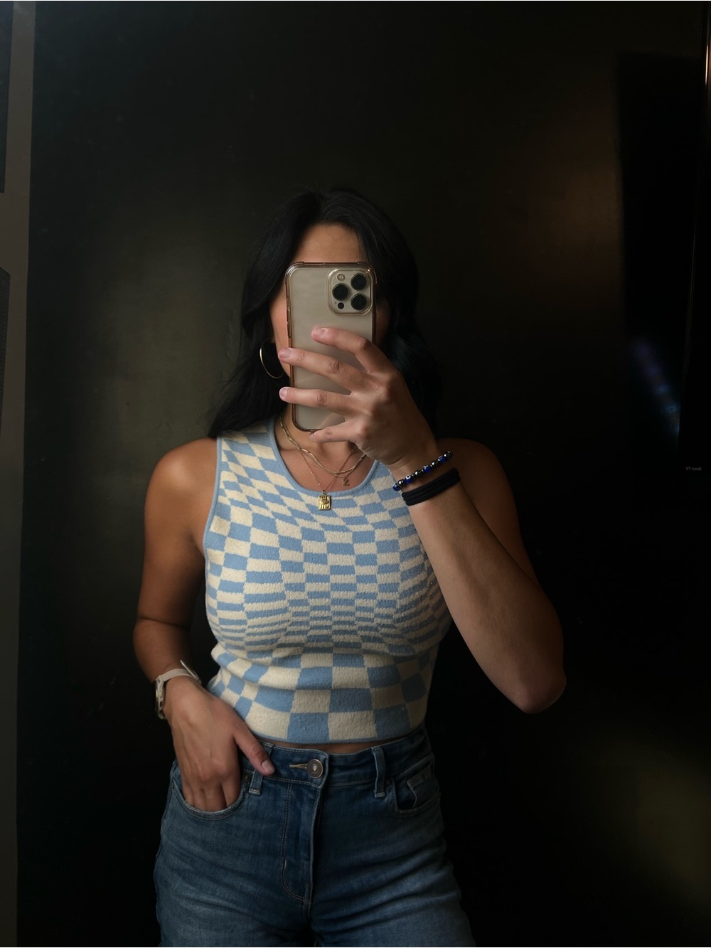 Sleeveless Cropped Checker Knit Tank Top - Light Blue & Cream